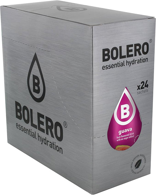 Bolero Bebida Instantánea Sabor Guayaba, Caja de 24x9g. Un refresco en polvo bajo en calorías y sin azúcar con Stevia, ideal para la hidratación diaria o deportiva. Bolero - frontal