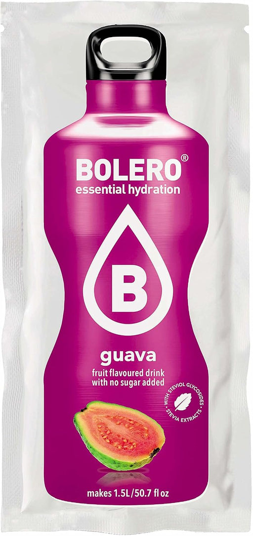 Bolero Bebida Instantánea Sabor Guayaba, Caja de 24x9g. Un refresco en polvo bajo en calorías y sin azúcar con Stevia, ideal para la hidratación diaria o deportiva. Bolero - pack