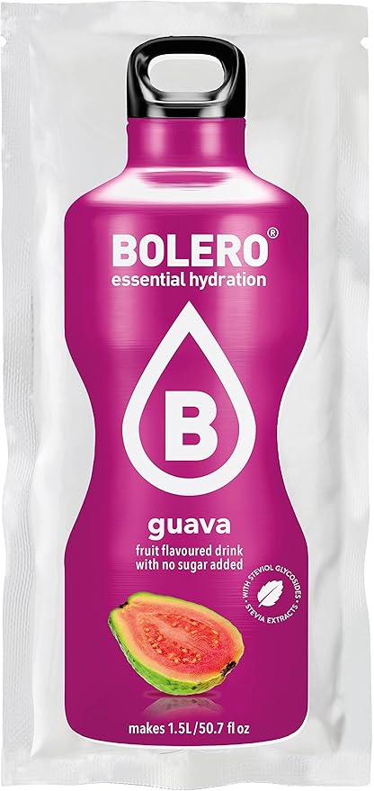 Bolero Bebida Instantánea Sabor Guayaba, Pack de 12x9g. Un refresco en polvo sin azúcar, sin gluten y con Stevia, enriquecido con Vitamina C. Apto para dietas saludables. Bolero - frontal