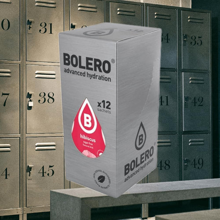 Bolero Bebida Instantánea Sabor Hibisco, Pack de 12x9g. Un refresco en polvo sin azúcar, bajo en calorías y con Stevia para una hidratación saludable con un sabor único y floral. Bolero - presentacion