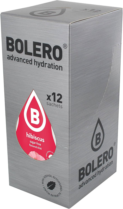 Bolero Bebida Instantánea Sabor Hibisco, Pack de 12x9g. Un refresco en polvo sin azúcar, bajo en calorías y con Stevia para una hidratación saludable con un sabor único y floral. Bolero - pack