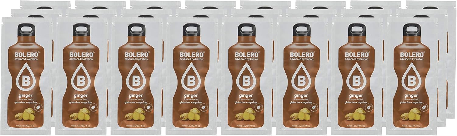 Bolero Bebida Instantánea Sabor Jengibre, Caja de 24x9g. Un refresco en polvo bajo en calorías y sin azúcar con Stevia, ideal para la hidratación diaria o deportiva. Bolero - extra