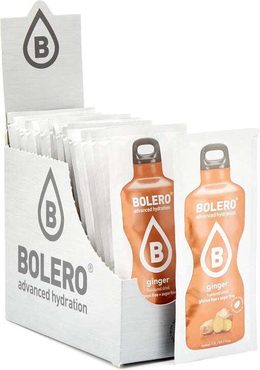 Bolero Bebida Instantánea Sabor Jengibre, Caja de 24x9g. Un refresco en polvo bajo en calorías y sin azúcar con Stevia, ideal para la hidratación diaria o deportiva. Bolero - frontal