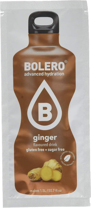 Bolero Bebida Instantánea Sabor Jengibre, Caja de 24x9g. Un refresco en polvo bajo en calorías y sin azúcar con Stevia, ideal para la hidratación diaria o deportiva. Bolero - lateral