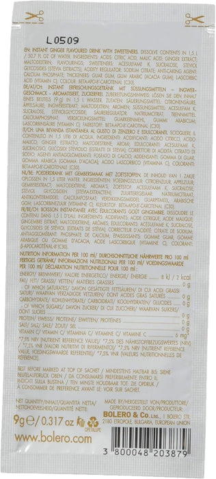 Bolero Bebida Instantánea Sabor Jengibre, Caja de 24x9g. Un refresco en polvo bajo en calorías y sin azúcar con Stevia, ideal para la hidratación diaria o deportiva. Bolero - presentacion