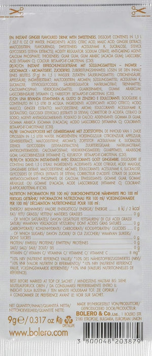 Bolero Bebida Instantánea Sabor Jengibre, Pack de 12x9g. Un refresco en polvo sin azúcar, bajo en calorías y con Stevia para una hidratación saludable con un sabor único y especiado. Bolero - extra