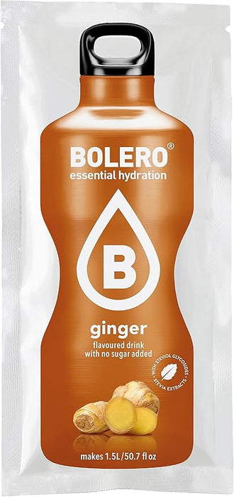 Bolero Bebida Instantánea Sabor Jengibre, Pack de 12x9g. Un refresco en polvo sin azúcar, bajo en calorías y con Stevia para una hidratación saludable con un sabor único y especiado. Bolero - frontal