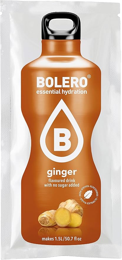 Bolero Bebida Instantánea Sabor Jengibre, Pack de 12x9g. Un refresco en polvo sin azúcar, bajo en calorías y con Stevia para una hidratación saludable con un sabor único y especiado. Bolero - frontal