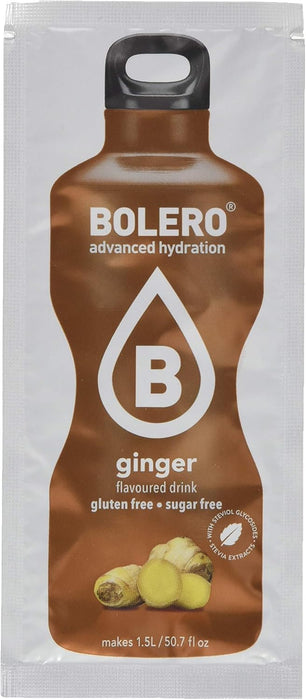 Bolero Bebida Instantánea Sabor Jengibre, Pack de 12x9g. Un refresco en polvo sin azúcar, bajo en calorías y con Stevia para una hidratación saludable con un sabor único y especiado. Bolero - presentacion