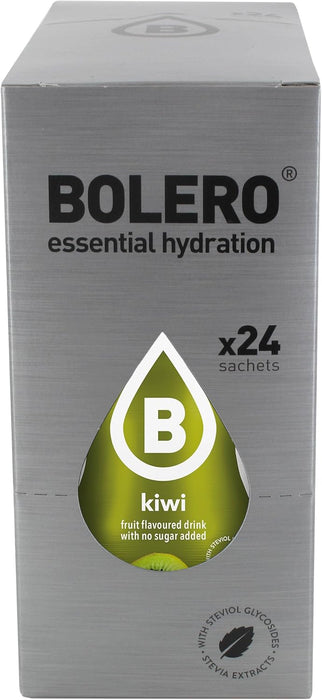 Bolero Bebida Instantánea Sabor Kiwi, Caja de 24x9g. Un refresco en polvo sin azúcar, sin aspartamo y con Stevia para una hidratación saludable, baja en calorías y llena de sabor. Bolero - detalle