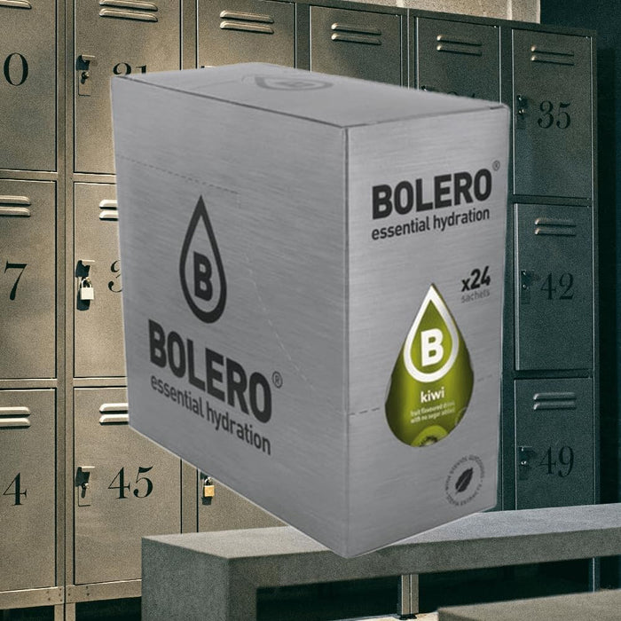Bolero Bebida Instantánea Sabor Kiwi, Caja de 24x9g. Un refresco en polvo sin azúcar, sin aspartamo y con Stevia para una hidratación saludable, baja en calorías y llena de sabor. Bolero - extra