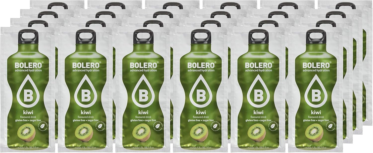 Bolero Bebida Instantánea Sabor Kiwi, Caja de 24x9g. Un refresco en polvo sin azúcar, sin aspartamo y con Stevia para una hidratación saludable, baja en calorías y llena de sabor. Bolero - lateral