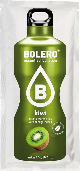 Bolero Bebida Instantánea Sabor Kiwi, Caja de 24x9g. Un refresco en polvo sin azúcar, sin aspartamo y con Stevia para una hidratación saludable, baja en calorías y llena de sabor. Bolero - pack
