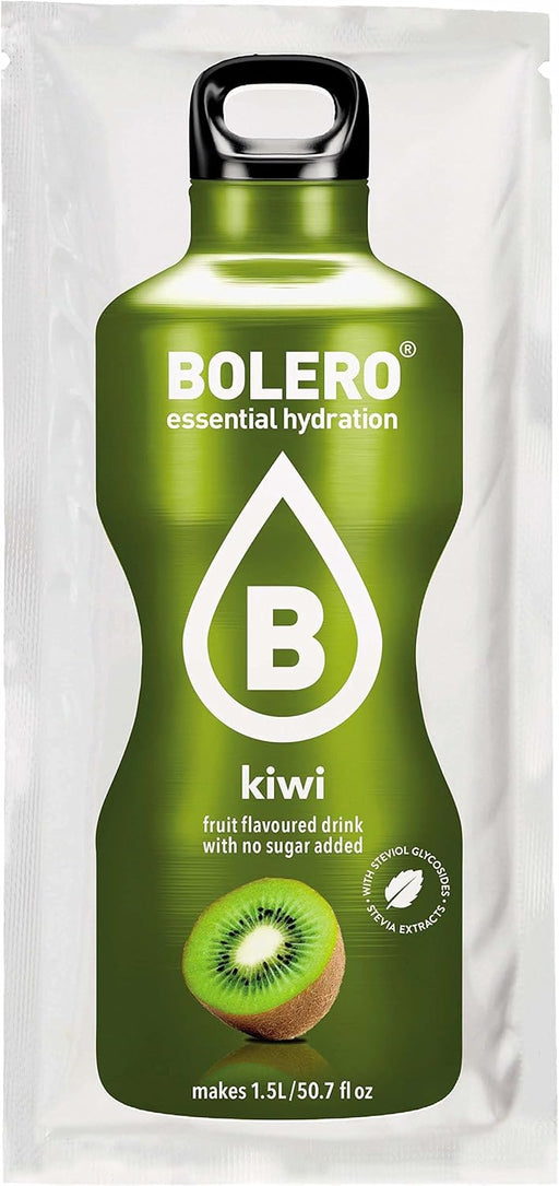 Bolero Bebida Instantánea Sabor Kiwi, Caja de 24x9g. Un refresco en polvo sin azúcar, sin aspartamo y con Stevia para una hidratación saludable, baja en calorías y llena de sabor. Bolero - pack