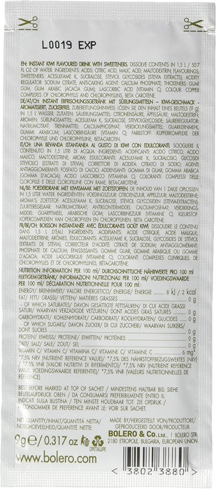 Bolero Bebida Instantánea Sabor Kiwi, Caja de 24x9g. Un refresco en polvo sin azúcar, sin aspartamo y con Stevia para una hidratación saludable, baja en calorías y llena de sabor. Bolero - uso
