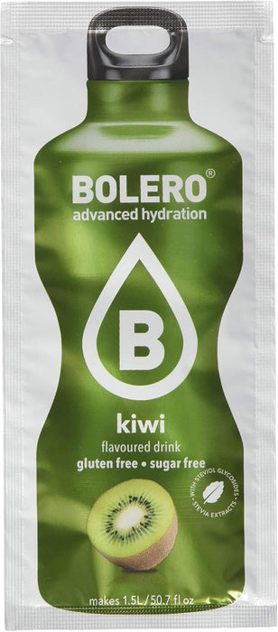 Bolero Bebida Instantánea Sabor Kiwi, Pack de 12x9g. Un refresco en polvo bajo en calorías y sin azúcar con Stevia, ideal para la hidratación diaria o durante el deporte. Bolero - detalle