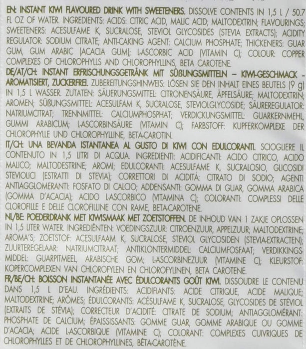 Bolero Bebida Instantánea Sabor Kiwi, Pack de 12x9g. Un refresco en polvo bajo en calorías y sin azúcar con Stevia, ideal para la hidratación diaria o durante el deporte. Bolero - lateral