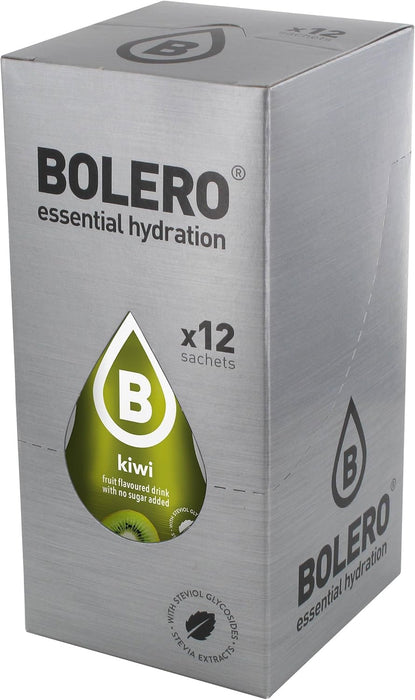 Bolero Bebida Instantánea Sabor Kiwi, Pack de 12x9g. Un refresco en polvo bajo en calorías y sin azúcar con Stevia, ideal para la hidratación diaria o durante el deporte. Bolero - pack
