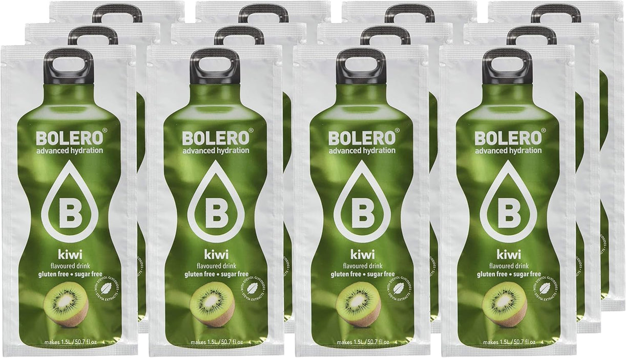 Bolero Bebida Instantánea Sabor Kiwi, Pack de 12x9g. Un refresco en polvo bajo en calorías y sin azúcar con Stevia, ideal para la hidratación diaria o durante el deporte. Bolero - uso
