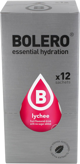 Bolero Bebida Instantánea Sabor Lichi, Pack de 12x9g. Un refresco en polvo sin azúcar, vegano y sin gluten, endulzado con Stevia para una hidratación saludable. Bolero - detalle