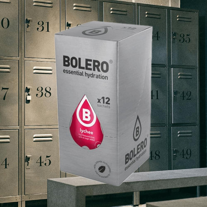 Bolero Bebida Instantánea Sabor Lichi, Pack de 12x9g. Un refresco en polvo sin azúcar, vegano y sin gluten, endulzado con Stevia para una hidratación saludable. Bolero - extra
