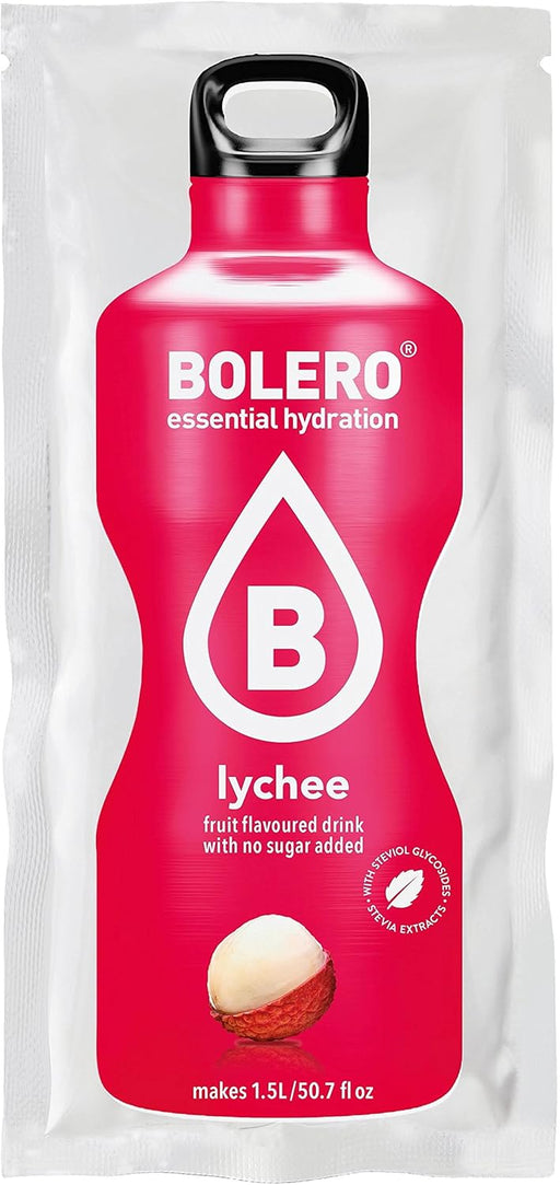 Bolero Bebida Instantánea Sabor Lichi, Pack de 12x9g. Un refresco en polvo sin azúcar, vegano y sin gluten, endulzado con Stevia para una hidratación saludable. Bolero - frontal