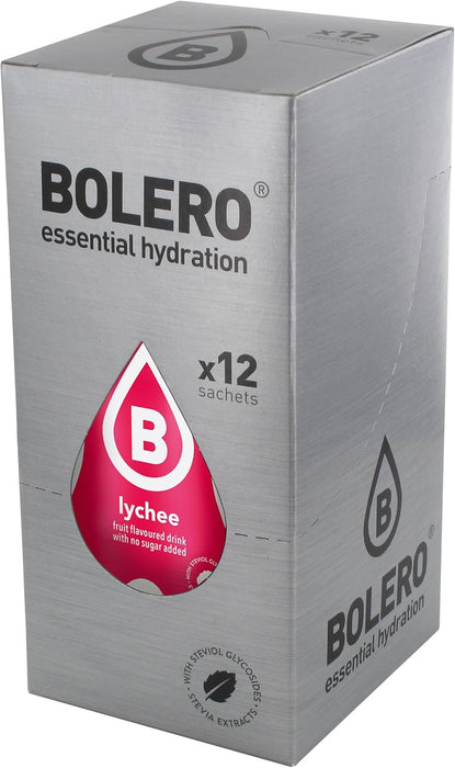 Bolero Bebida Instantánea Sabor Lichi, Pack de 12x9g. Un refresco en polvo sin azúcar, vegano y sin gluten, endulzado con Stevia para una hidratación saludable. Bolero - lateral