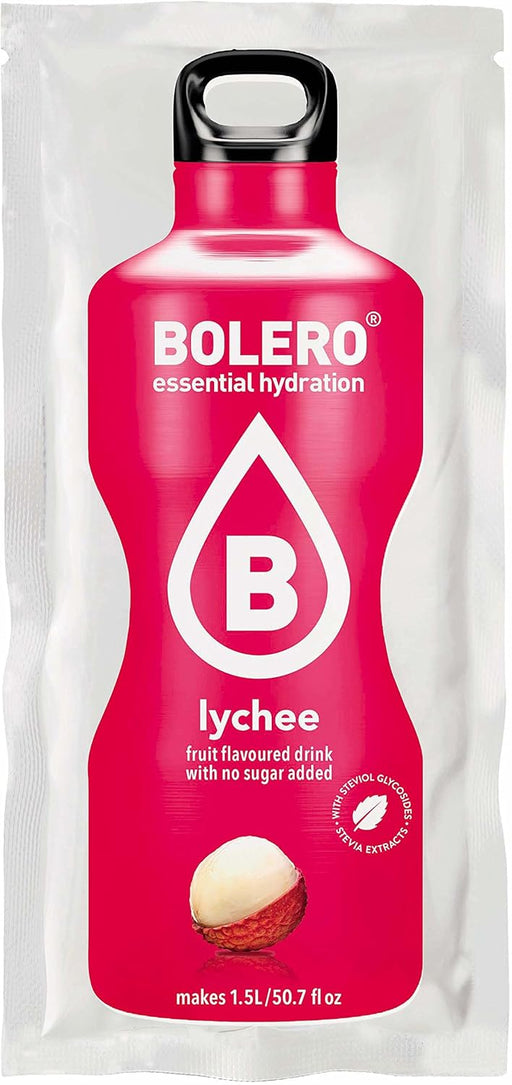 Bolero Bebida Instantánea Sabor Lichi, Pack de 12x9g. Un refresco en polvo sin azúcar, vegano y sin gluten, endulzado con Stevia para una hidratación saludable. Bolero - pack