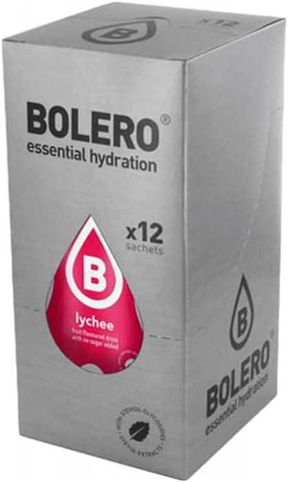 Bolero Bebida Instantánea Sabor Lichi, Pack de 12x9g. Un refresco en polvo sin azúcar, vegano y sin gluten, endulzado con Stevia para una hidratación saludable. Bolero - presentacion