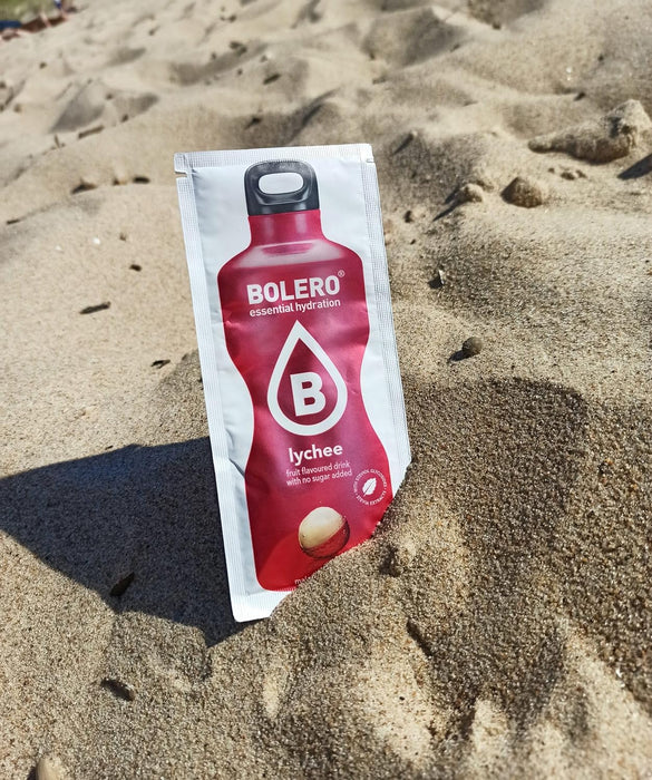 Bolero Bebida Instantánea Sabor Lichi, Pack de 12x9g. Un refresco en polvo sin azúcar, vegano y sin gluten, endulzado con Stevia para una hidratación saludable. Bolero - uso