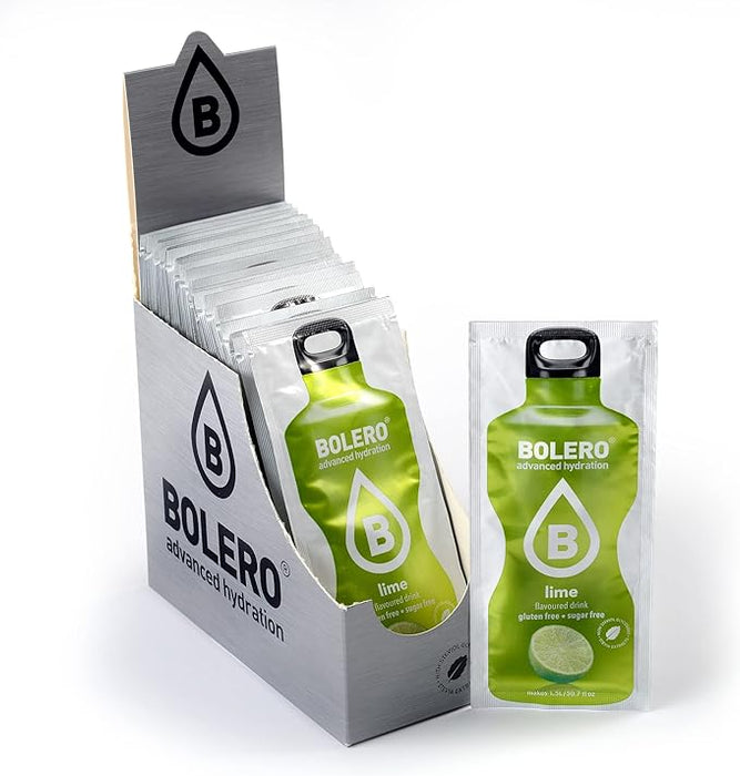 Bolero Bebida Instantánea Sabor Lima, Caja de 24x9g. Un refresco en polvo bajo en calorías y sin azúcar con Stevia, ideal para la hidratación diaria o durante el deporte. Bolero - frontal