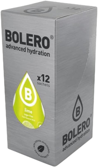 Bolero Bebida Instantánea Sabor Lima, Pack de 12x9g. Un refresco en polvo sin azúcar, bajo en calorías y con Stevia para una hidratación óptima y llena de sabor. Bolero - extra
