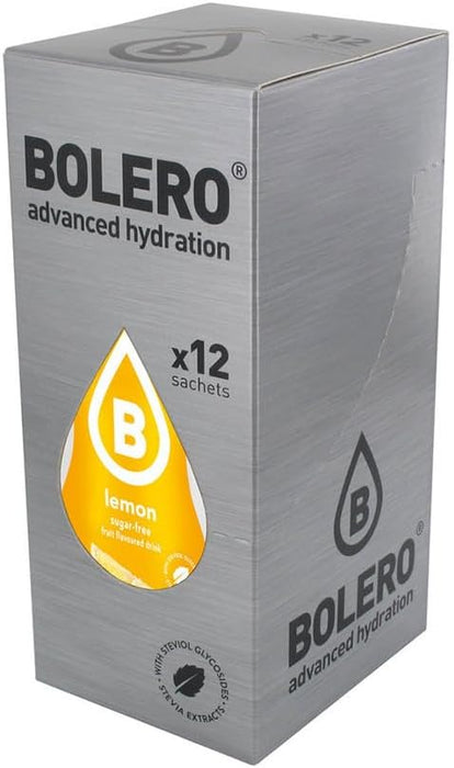 Bolero Bebida Instantánea Sabor Limón, Pack de 12x9g. Un refresco en polvo sin azúcar con Stevia y Vitamina C para disfrutar de una hidratación cítrica, saludable y deliciosa. Bolero - frontal