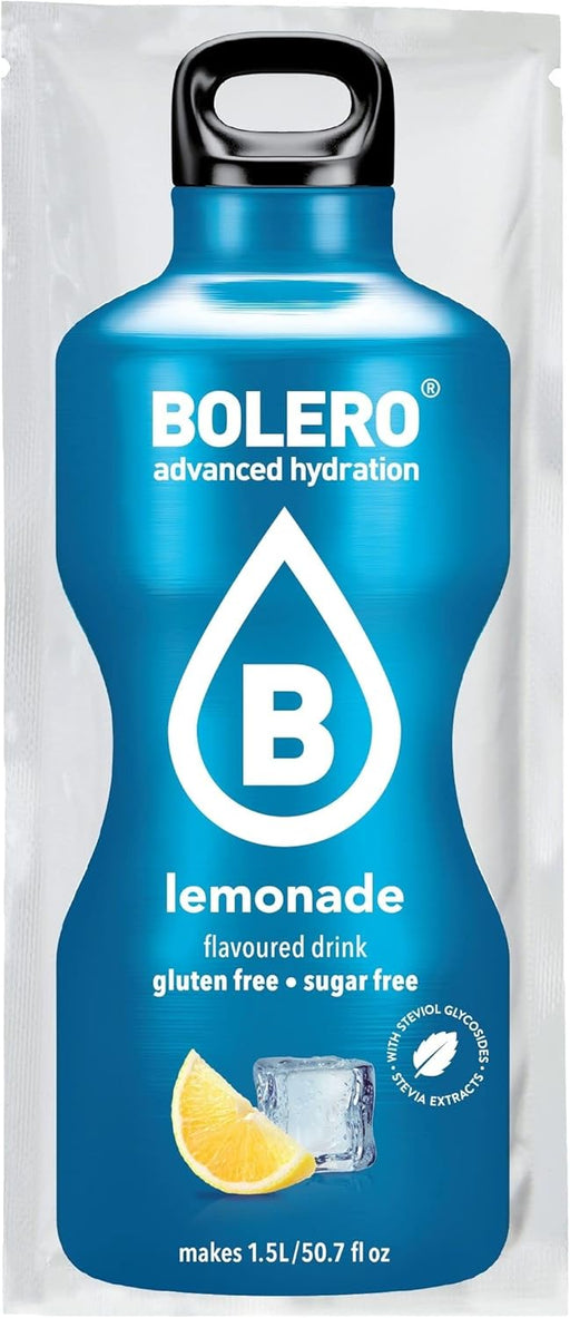 Bolero Bebida Instantánea Sabor Limonada, Caja de 24x9g. Preparado en polvo sin azúcar con Stevia y Vitamina C para una hidratación saludable, baja en calorías y llena de sabor. Bolero - pack