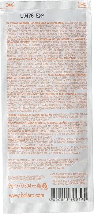 Bolero Bebida Instantánea Sabor Mandarina, Pack de 12x9g. Un refresco en polvo sin azúcar con Stevia y Vitamina C para disfrutar de una hidratación cítrica, saludable y deliciosa. Bolero - lateral