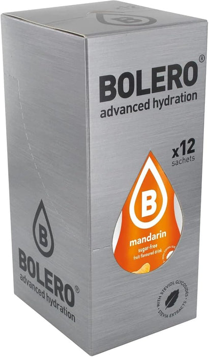 Bolero Bebida Instantánea Sabor Mandarina, Pack de 12x9g. Un refresco en polvo sin azúcar con Stevia y Vitamina C para disfrutar de una hidratación cítrica, saludable y deliciosa. Bolero - frontal