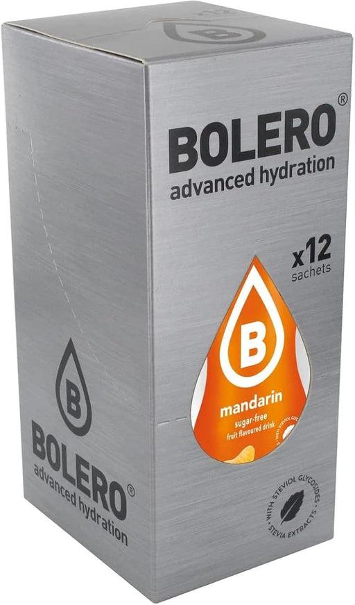 Bolero Bebida Instantánea Sabor Mandarina, Pack de 12x9g. Un refresco en polvo sin azúcar con Stevia y Vitamina C para disfrutar de una hidratación cítrica, saludable y deliciosa. Bolero - frontal