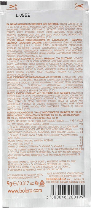 Bolero Bebida Instantánea Sabor Mandarina, Pack de 12x9g. Un refresco en polvo sin azúcar con Stevia y Vitamina C para disfrutar de una hidratación cítrica, saludable y deliciosa. Bolero - detalle