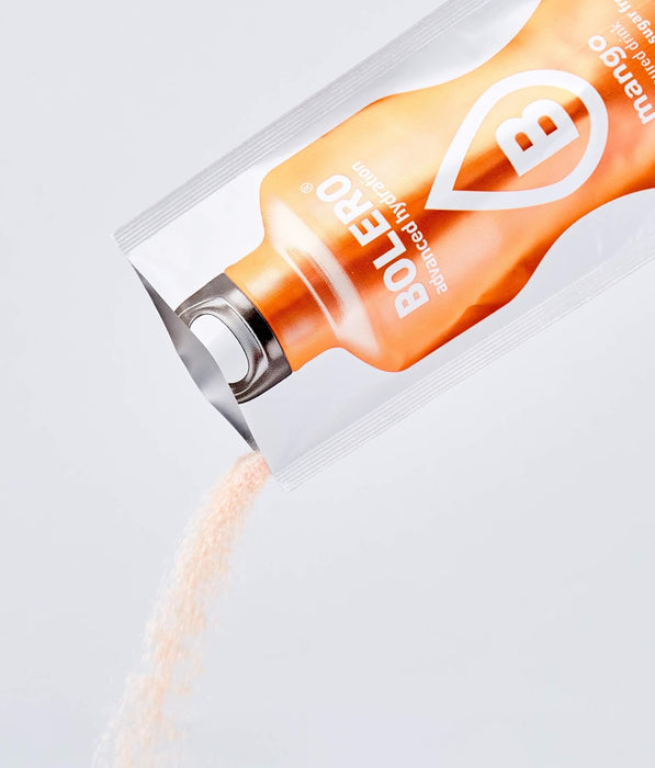 Bolero Bebida Instantánea Sabor Mango, Caja de 24x9g. Preparado en polvo sin azúcar con Stevia y Vitamina C para una hidratación tropical, deliciosa y baja en calorías. Bolero - detalle