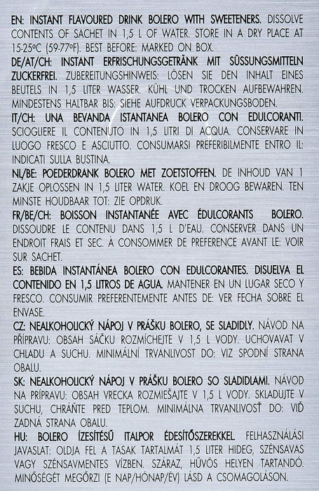 Bolero Bebida Instantánea Sabor Mango, Caja de 24x9g. Preparado en polvo sin azúcar con Stevia y Vitamina C para una hidratación tropical, deliciosa y baja en calorías. Bolero - lateral