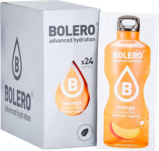 Bolero Bebida Instantánea Sabor Mango, Caja de 24x9g. Preparado en polvo sin azúcar con Stevia y Vitamina C para una hidratación tropical, deliciosa y baja en calorías. Bolero - presentacion