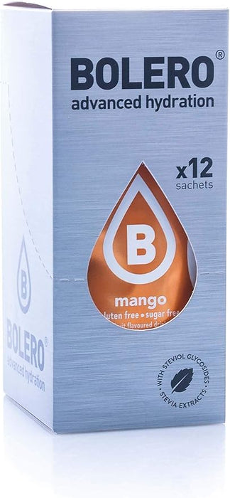 Bolero Bebida Instantánea Sabor Mango, Pack de 12x9g. Un refresco sin azúcar, bajo en calorías y con Stevia para una hidratación óptima y llena de sabor. Bolero - frontal