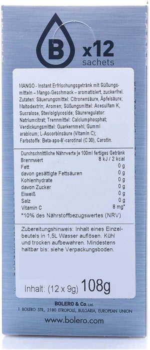 Bolero Bebida Instantánea Sabor Mango, Pack de 12x9g. Un refresco sin azúcar, bajo en calorías y con Stevia para una hidratación óptima y llena de sabor. Bolero - ingredientes
