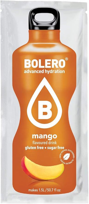 Bolero Bebida Instantánea Sabor Mango, Pack de 12x9g. Un refresco sin azúcar, bajo en calorías y con Stevia para una hidratación óptima y llena de sabor. Bolero - lateral