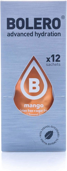 Bolero Bebida Instantánea Sabor Mango, Pack de 12x9g. Un refresco sin azúcar, bajo en calorías y con Stevia para una hidratación óptima y llena de sabor. Bolero - pack