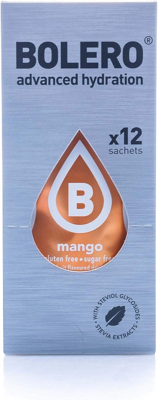 Bolero Bebida Instantánea Sabor Mango, Pack de 12x9g. Un refresco sin azúcar, bajo en calorías y con Stevia para una hidratación óptima y llena de sabor. Bolero - pack