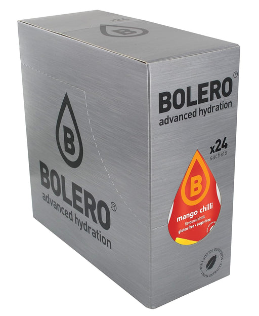 Bolero Bebida Instantánea Sabor Mango y Chile, Pack de 24x9g. Un refresco en polvo sin azúcar, bajo en calorías y con Stevia para una hidratación atrevida y llena de sabor. Bolero - pack