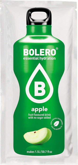 Bolero Bebida Instantánea Sabor Manzana, Caja de 24x9g. Preparado en polvo sin azúcar con Stevia y Vitamina C para una hidratación saludable, baja en calorías y llena de sabor. Bolero - uso