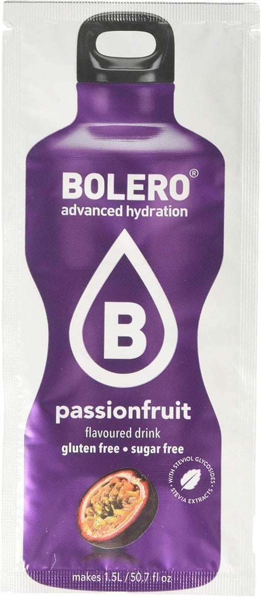 Bolero Bebida Instantánea Sabor Maracuyá, Caja de 24x9g. Preparado en polvo sin azúcar, con Stevia y Vitamina C para una hidratación tropical, saludable y baja en calorías. Bolero - pack