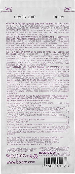 Bolero Bebida Instantánea Sabor Maracuyá, Pack de 12x9g. Un refresco sin azúcar, sin gluten y con Stevia, enriquecido con Vitamina C. Apto para diabéticos, celíacos y dietas keto. Bolero - extra